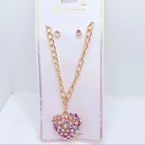 Necklace Crystal Iridescent Heart with Earrings and Golden chain. BRAND NEW
